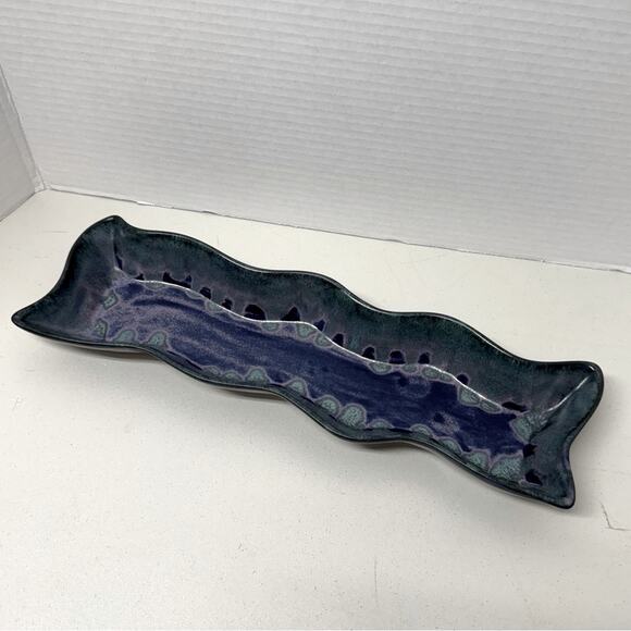 Sheepscot River Pottery Ocean Blue Wavy Tray Pink Glitter Serving Platter - Picture 1 of 8